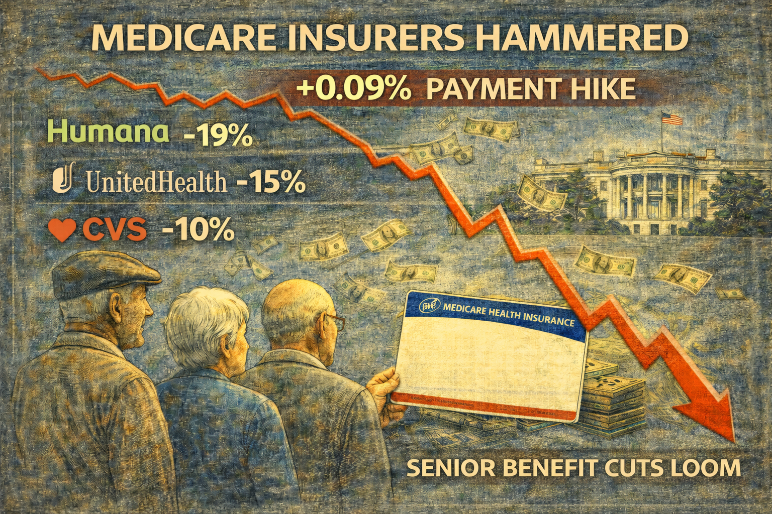 Trump’s near-flat Medicare Advantage rate sparks insurer selloff, raising fears of benefit cuts for 35 million seniors.