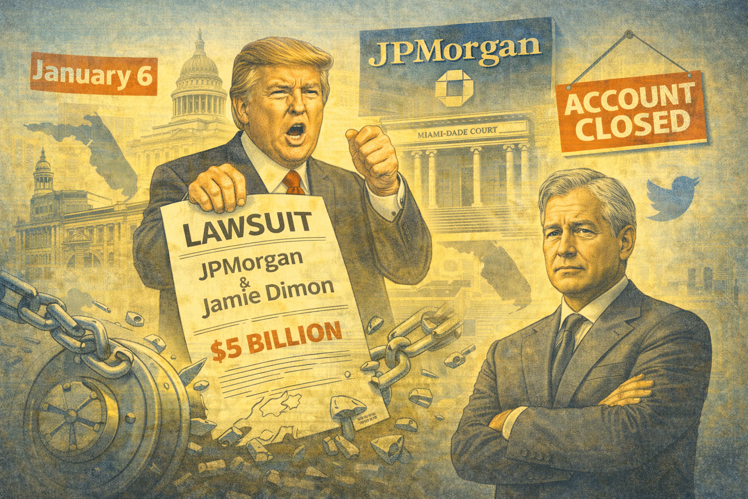 Trump sues JPMorgan and Jamie Dimon for $5B, alleging politically motivated “debanking” after Jan. 6 account closures.